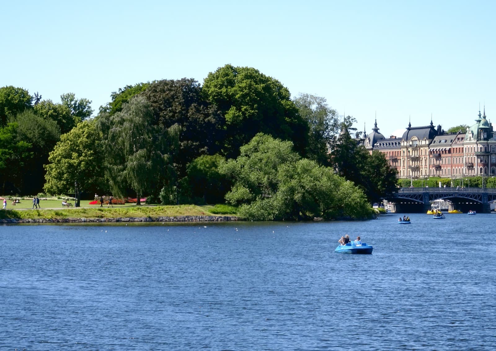 The Djurgården waterfront at Kaptensudden with Djurgårdsbron bridge, on the Royal National City Park island in Stockholm.