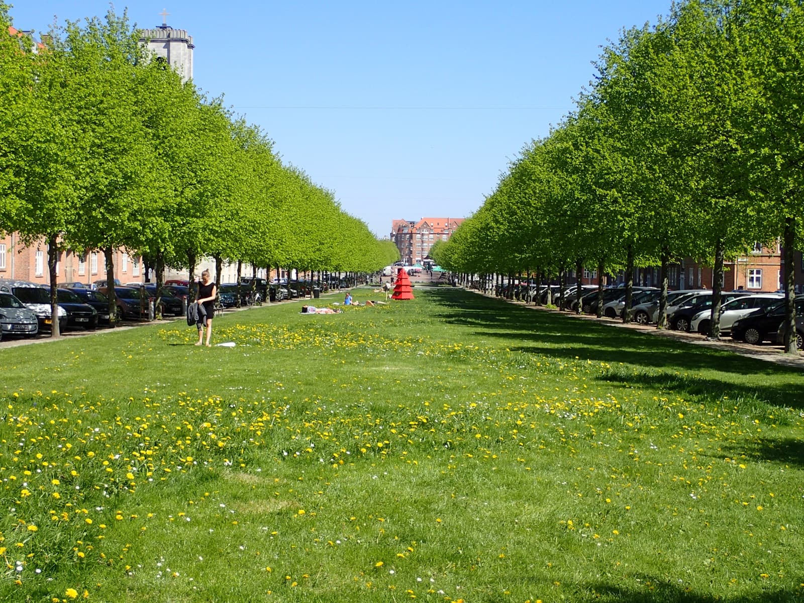 The tree-lined green of Ingerslevs Boulevard in the Frederiksbjerg district of Aarhus in spring.