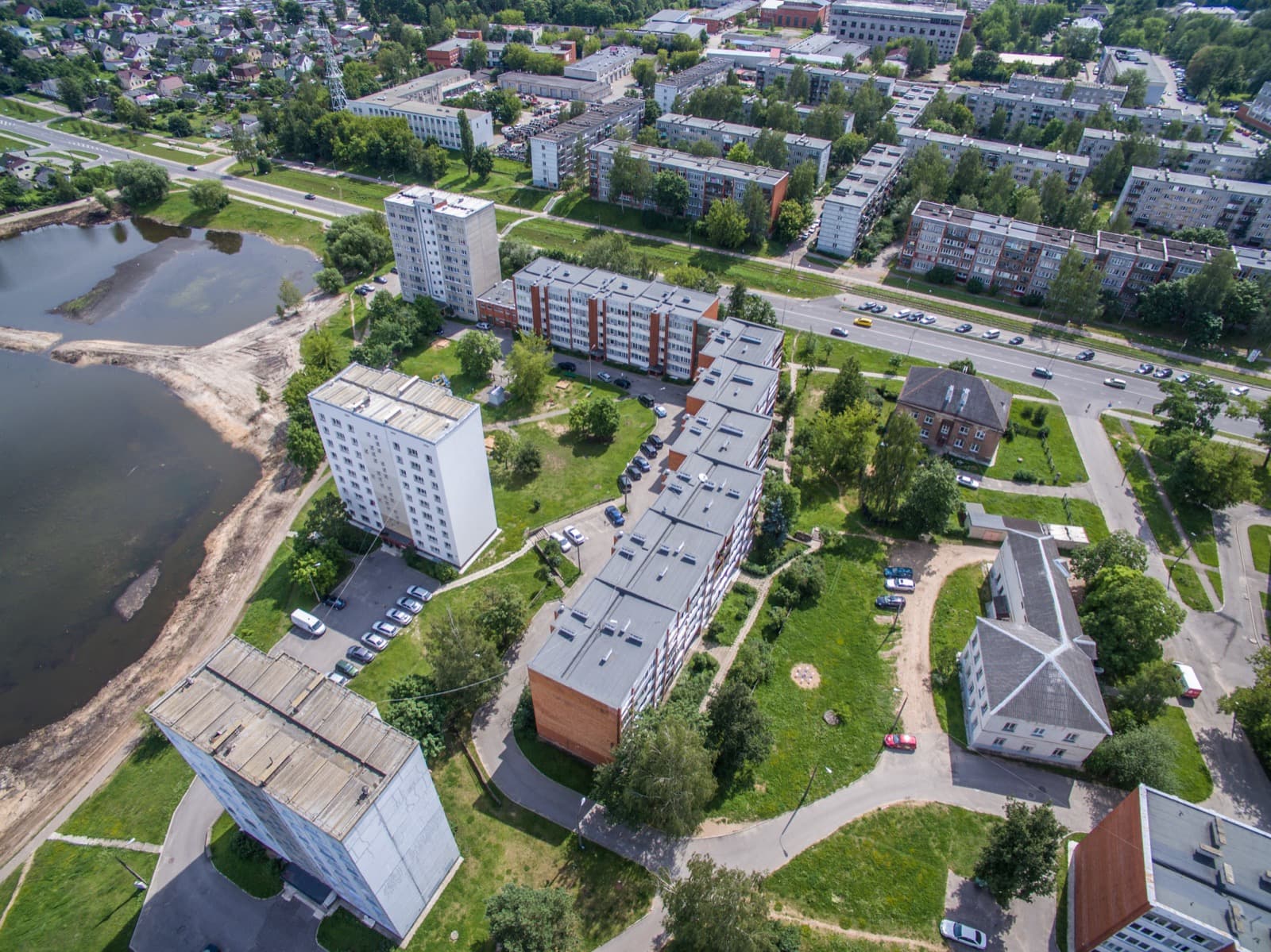 Aerial view of Soviet era apartment blocks along 18. novembra iela in the Jaunbūve area of Daugavpils, Latvia.