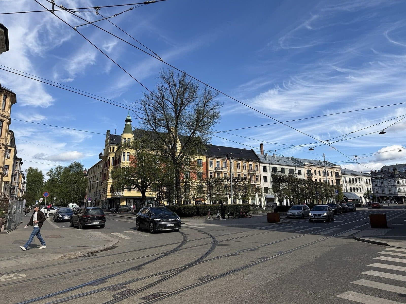 Valkyrie plass in Majorstuen, Oslo, with tram tracks curving across the square and the terrace of late 1800s apartment blocks behind.