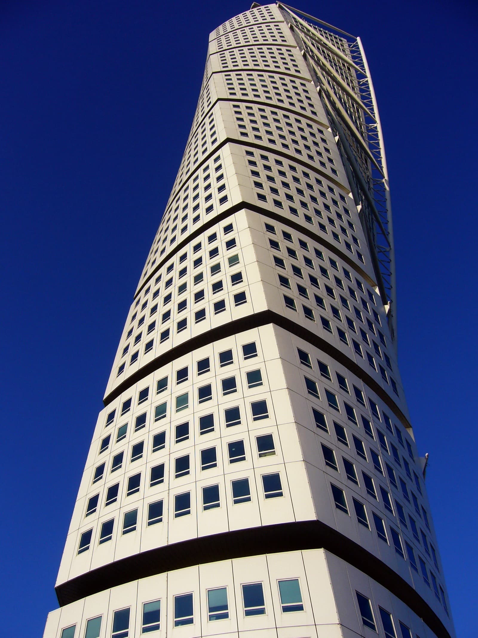 The twisting Turning Torso tower rising over the Västra Hamnen waterfront district in Malmö, Sweden.