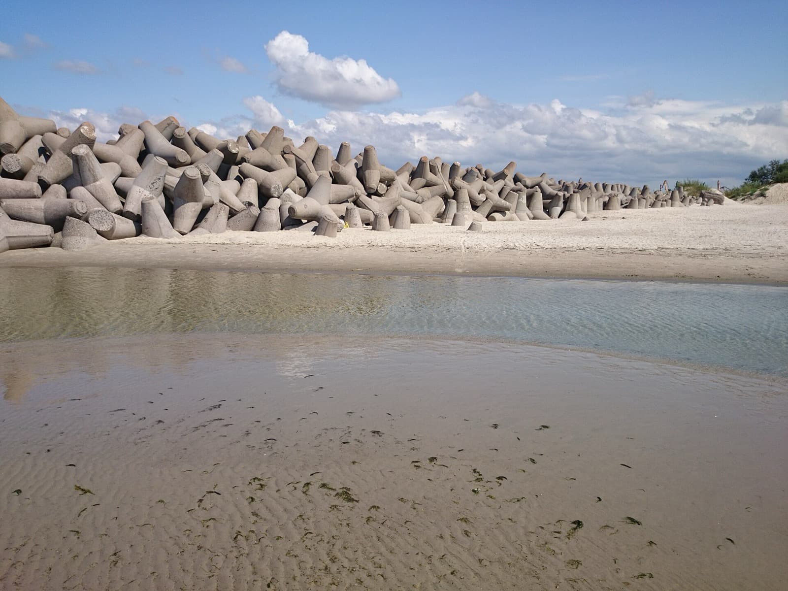 The sandy Melnragė beach meeting the concrete tetrapod breakwater at the harbour mouth under a summer sky