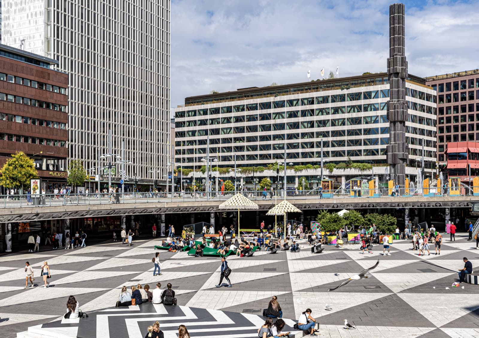 Sergels torg, the sunken central square of Norrmalm, with its glass obelisk and the surrounding City buildings.