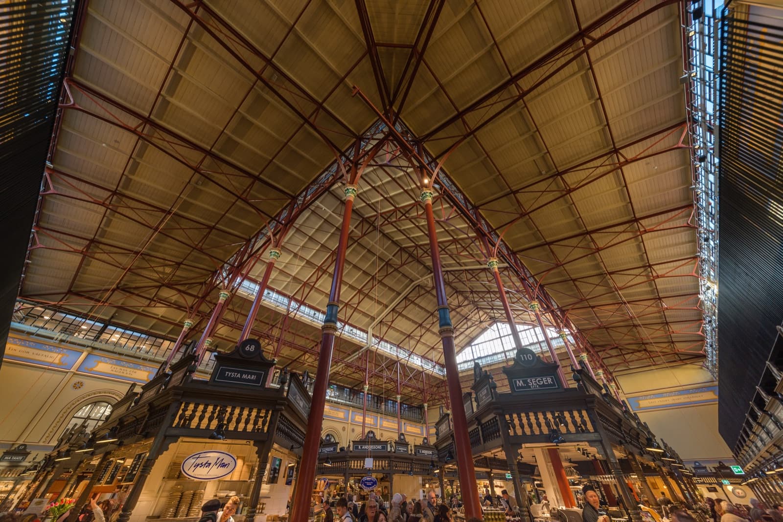 The red-brick facade of Östermalms Saluhall, the 1888 food hall in central Östermalm, Stockholm.