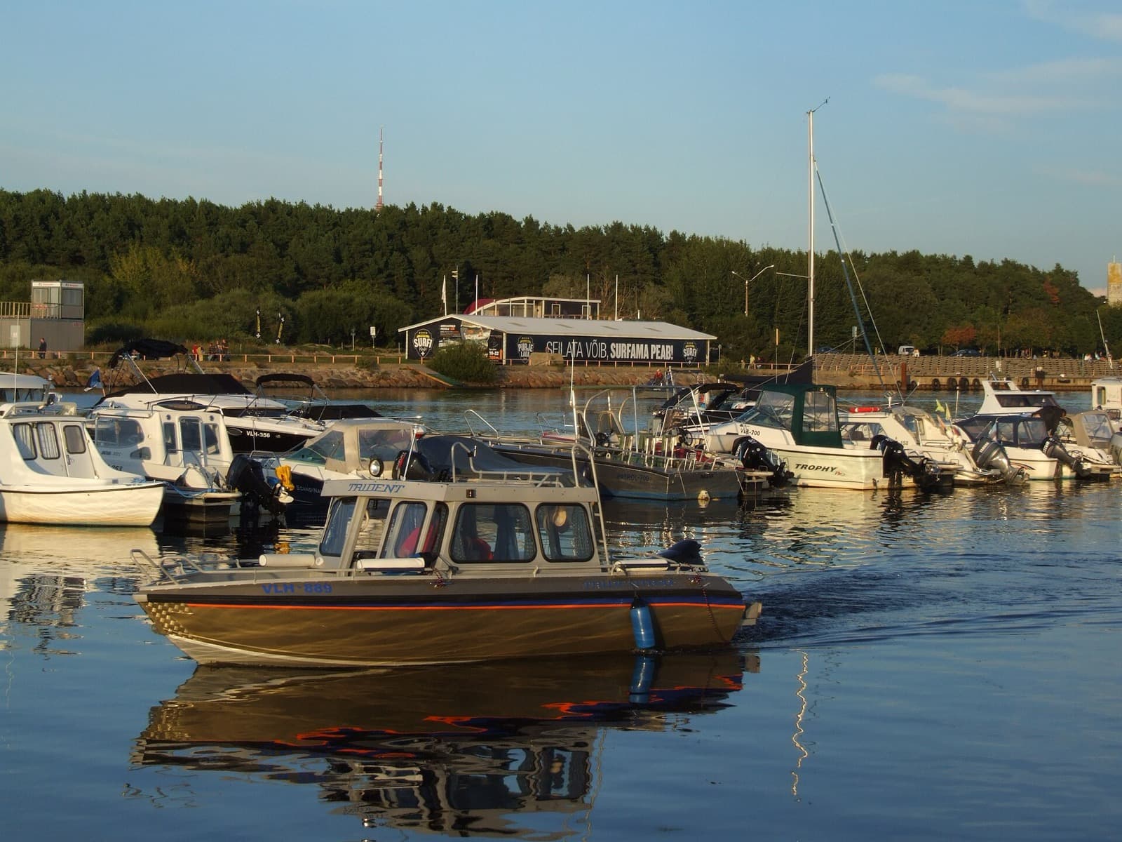 Boats moored at Pirita marina with the pine forest and Tallinn TV Tower behind.