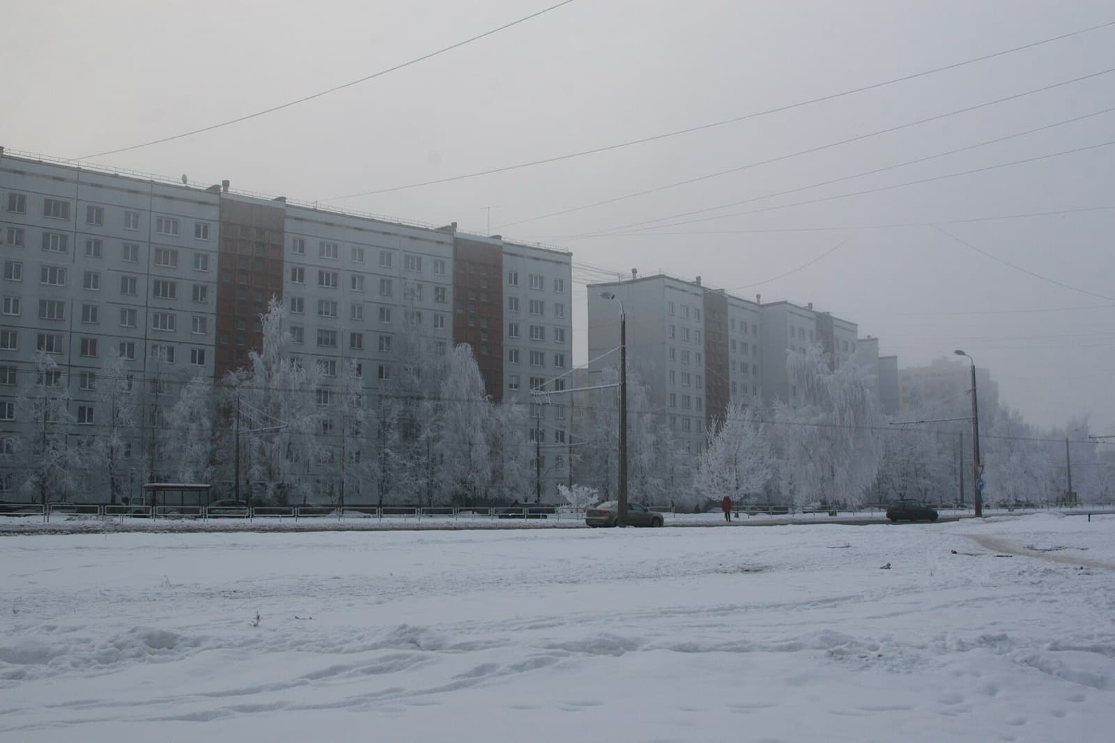 Rows of Soviet-era panel apartment blocks along Dzelzavas iela in Purvciems under winter frost.