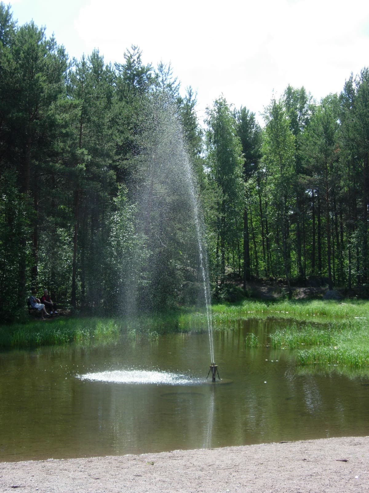 A fountain playing on the small woodland pond of Mustalampi in Runosmäki, Turku, ringed by pines and a sandy shore.