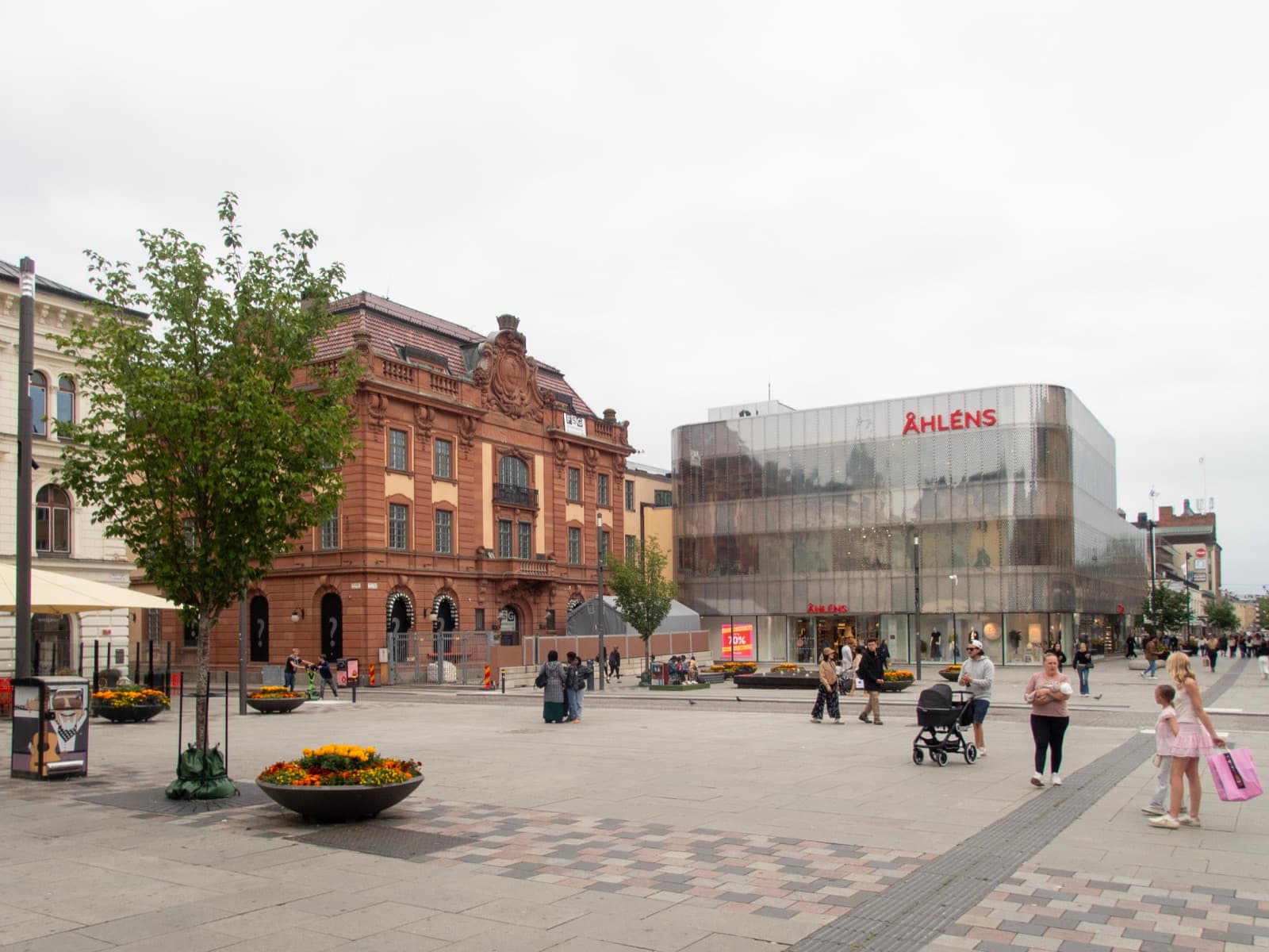 Stora torget, the main square in central Uppsala, Sweden, ringed by department stores at the heart of the pedestrianised commercial core.