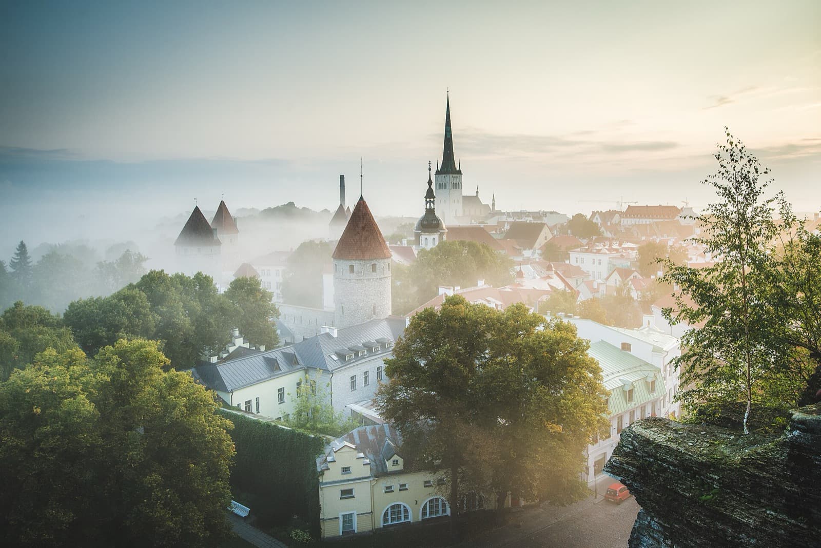 Tallinn Old Town rooftops and the spire of St Olaf's church rising through morning mist in Vanalinn.