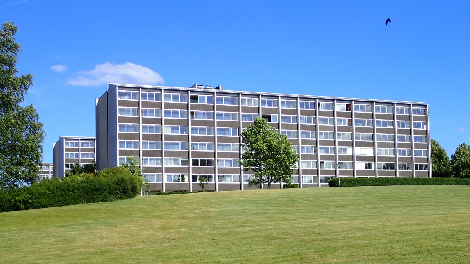 A modernist apartment block set in green parkland at Grøfthøjparken in the Viby J suburb of Aarhus.