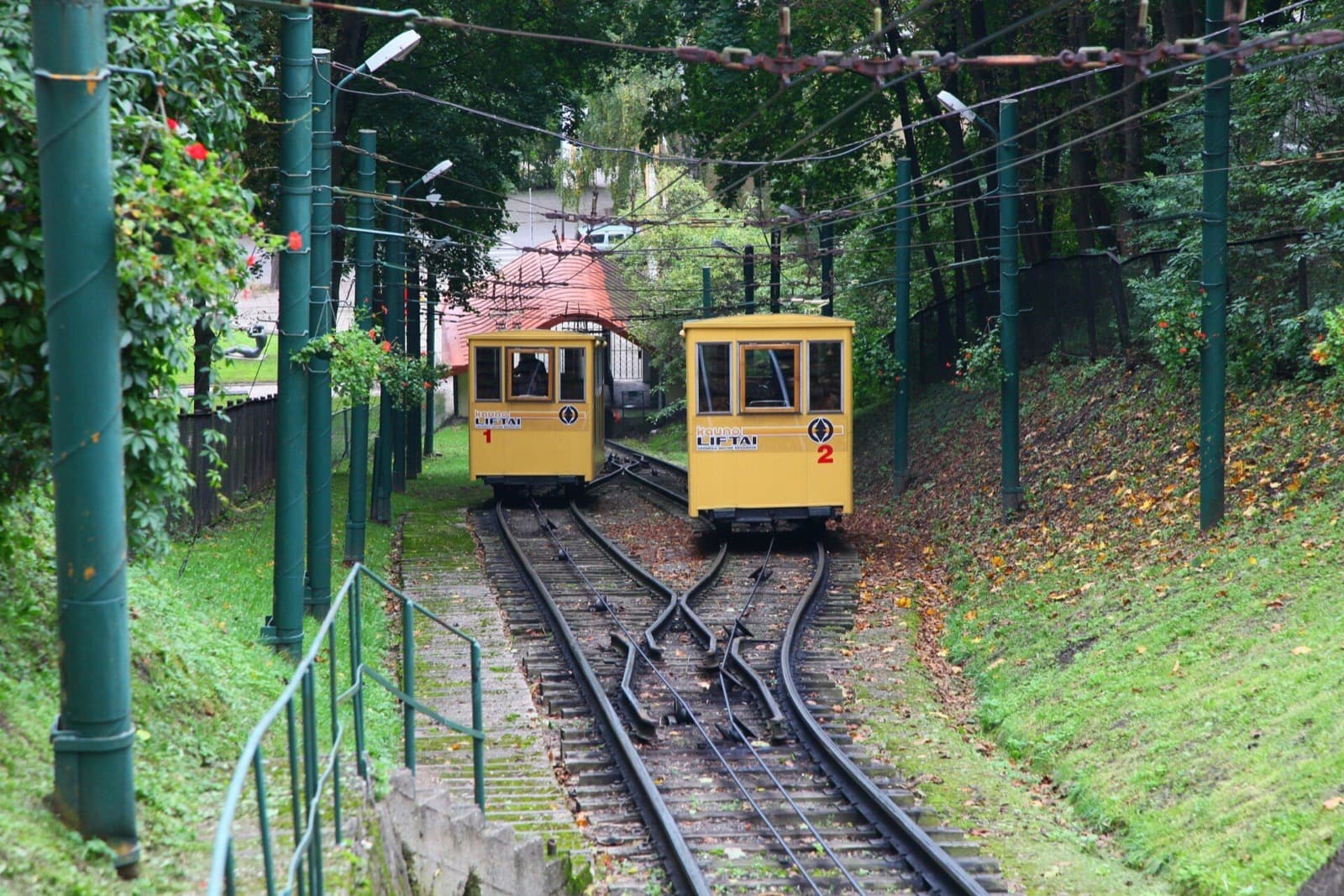 The historic yellow funicular cars climbing the wooded slope of Žaliakalnis, Kaunas.