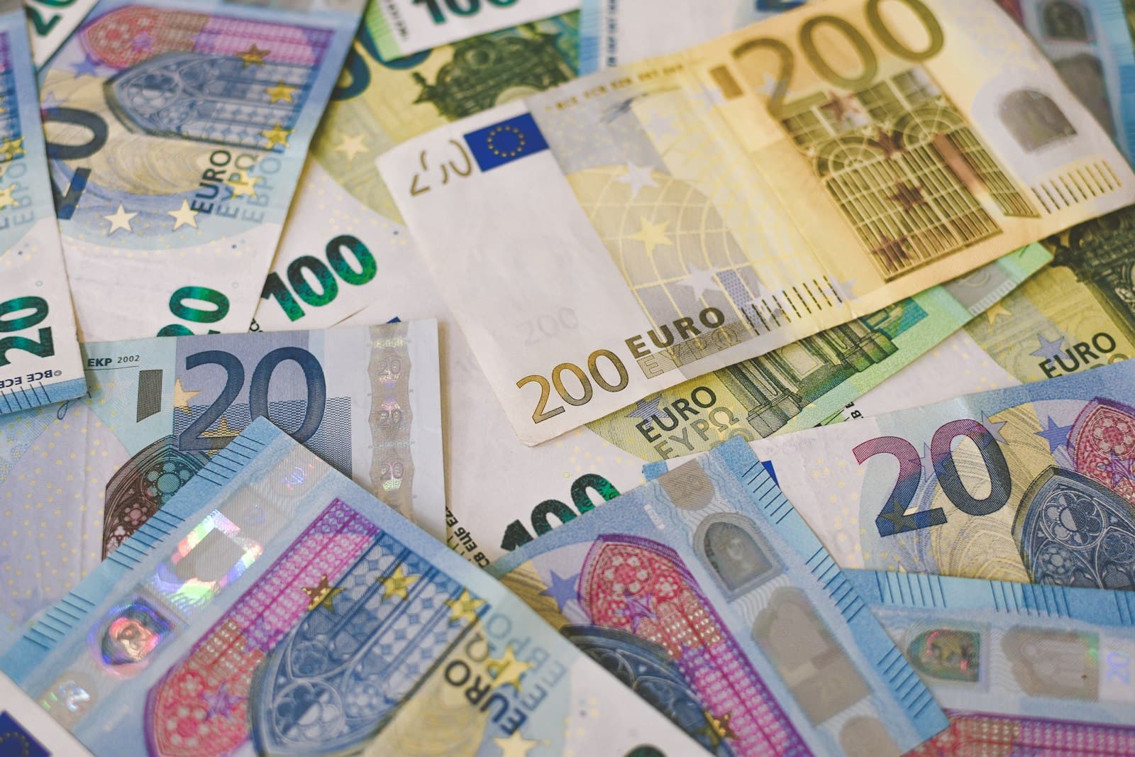 A spread of euro banknotes in different denominations