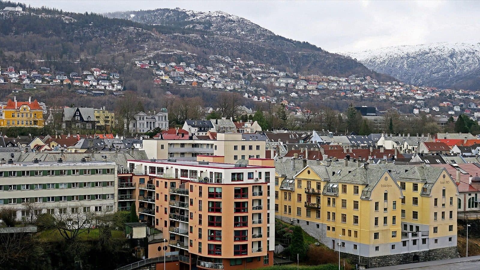 Rooftops of Møhlenpris in Bergen, with the preserved yellow Trikkebyen blocks on O.J. Brochs gate and the snow-dusted hillside behind.